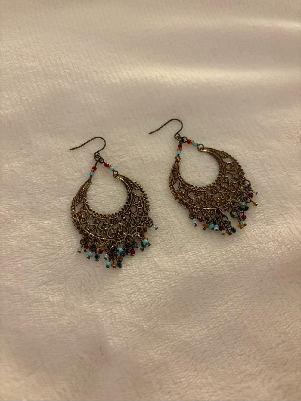 Bohemian Filigree Dangle Earrings with Turquoise and Red Beads
